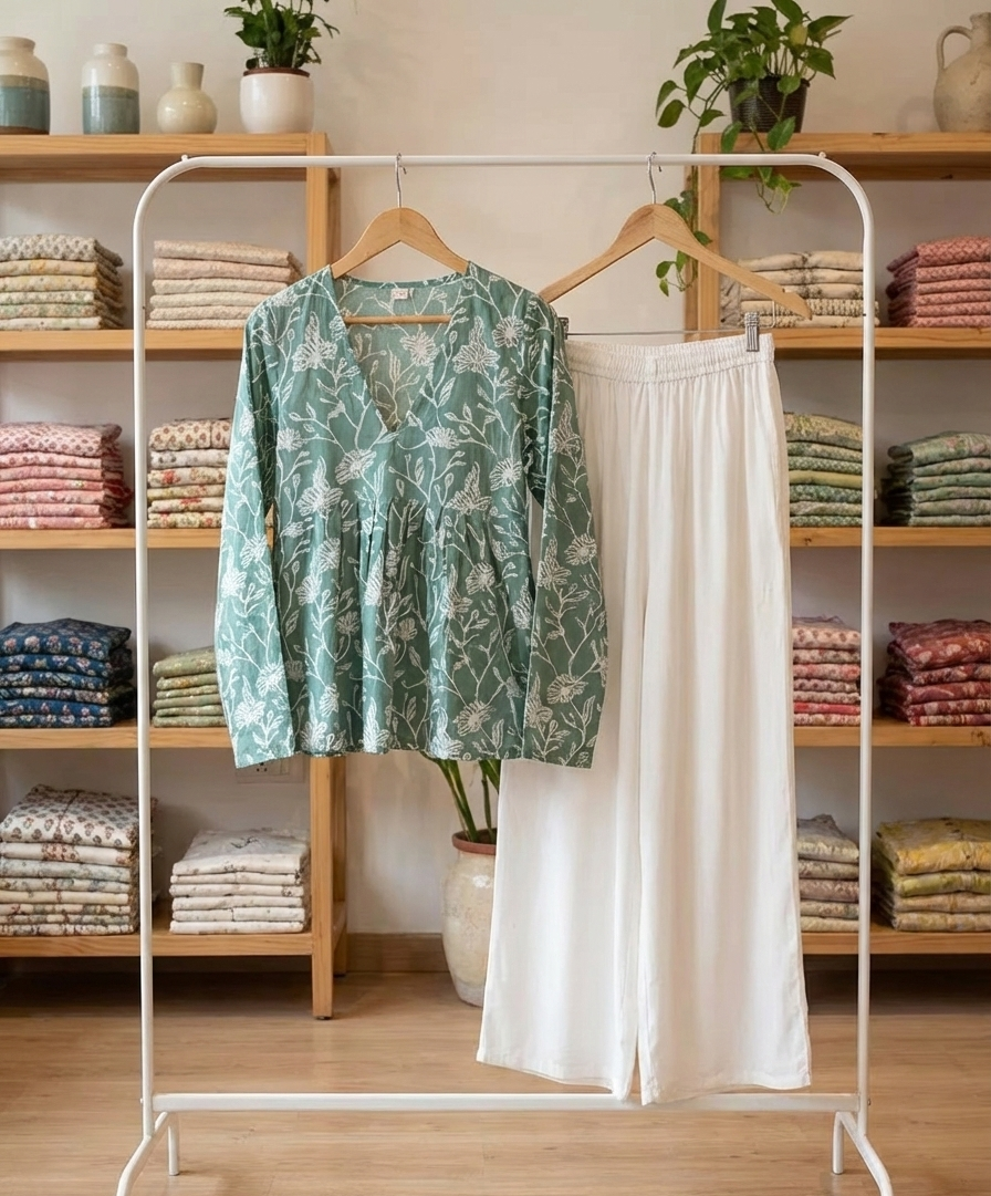 Women’s Floral Printed Kurti Top with White Palazzo Set