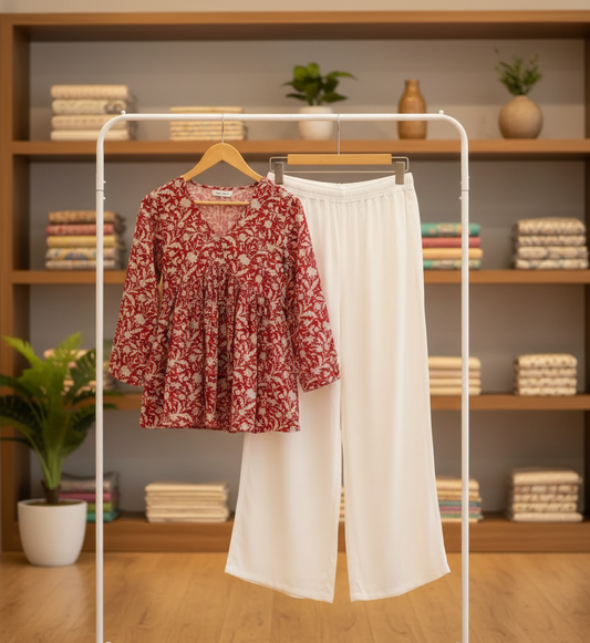 Women’s Floral Printed Kurti Top with White Palazzo Set 2