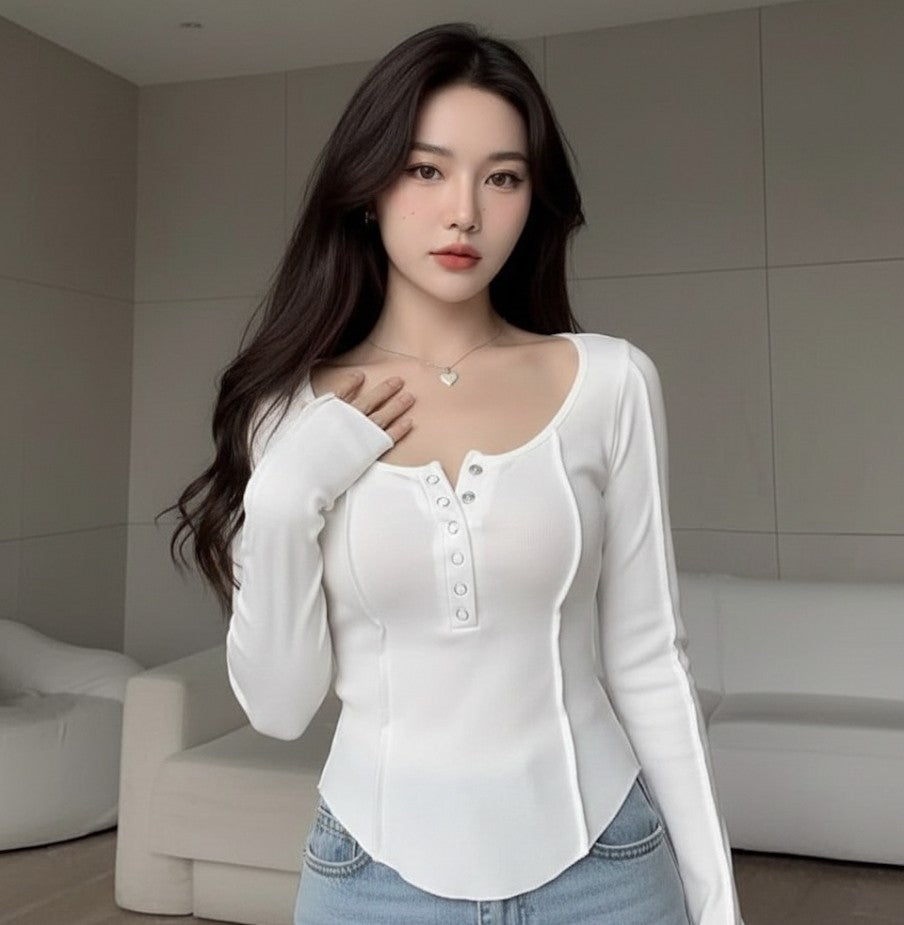 Ribbed Henley Long Sleeve Top