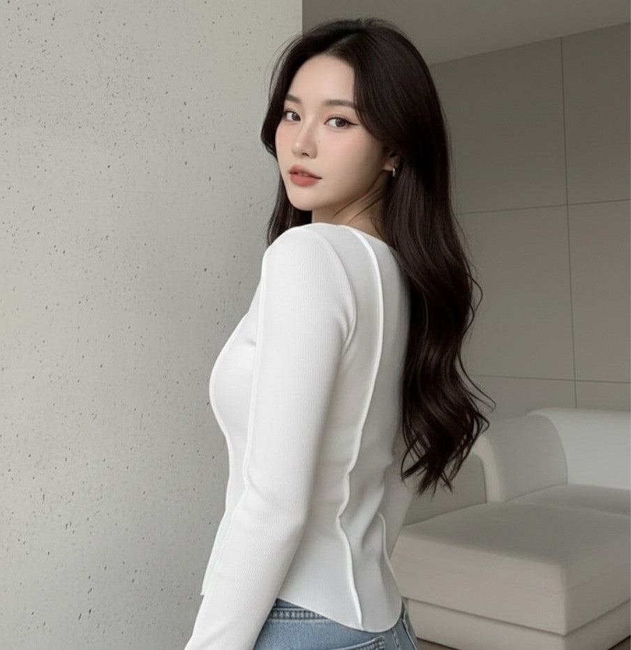 Ribbed Henley Long Sleeve Top