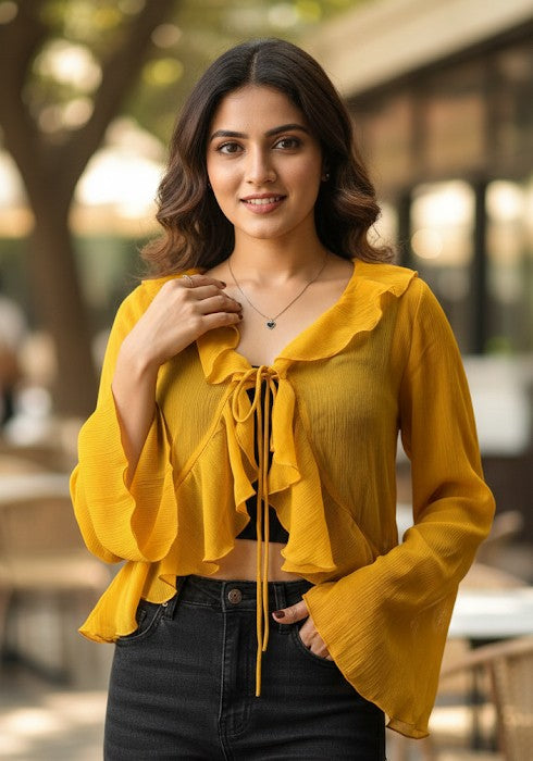 Bohemian Ruffled Tie-Front Bell Sleeve