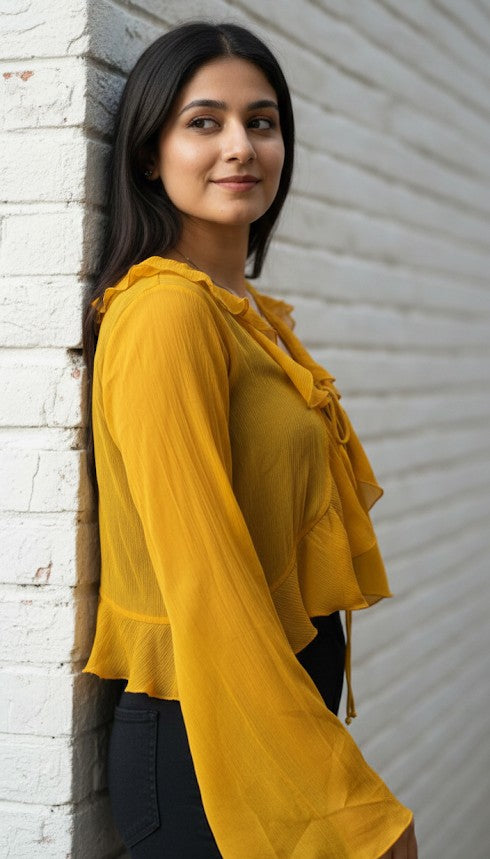 Bohemian Ruffled Tie-Front Bell Sleeve