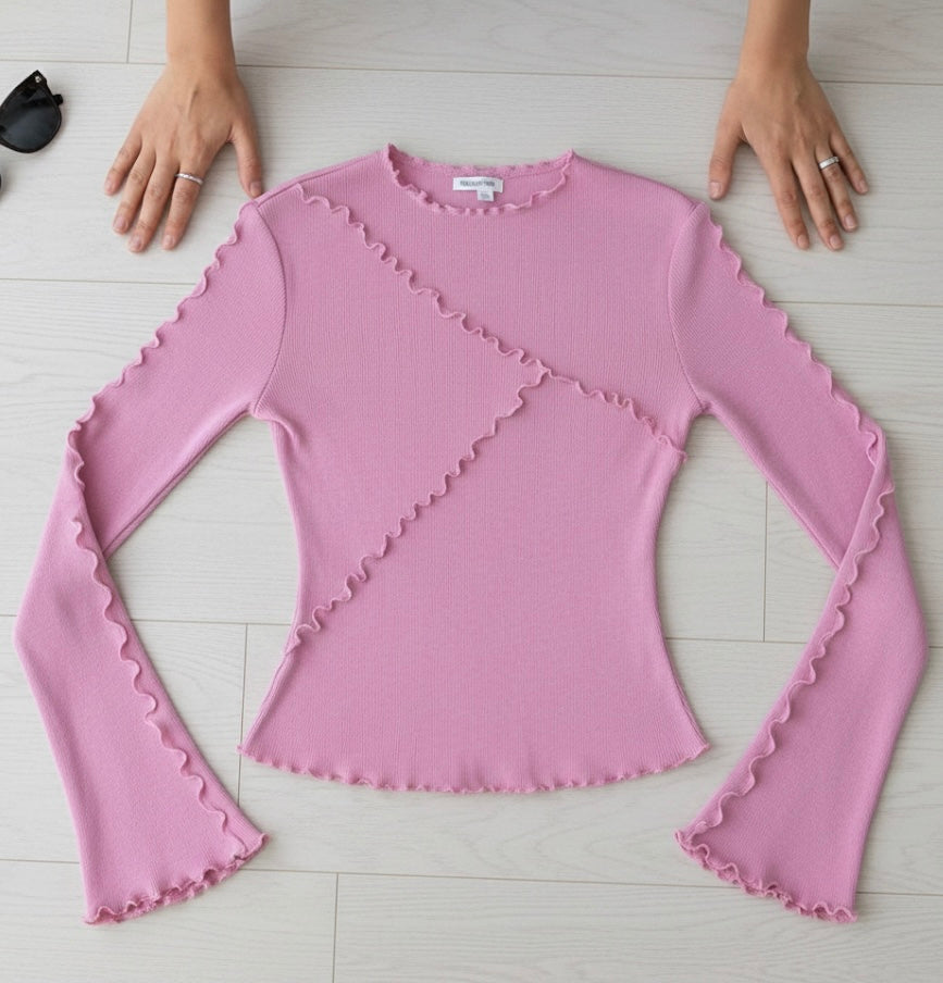 Pink Ribbed Long-Sleeve Top with Ruffle