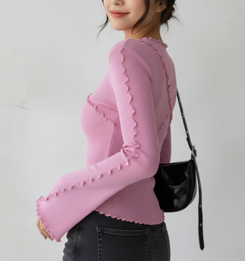 Pink Ribbed Long-Sleeve Top with Ruffle