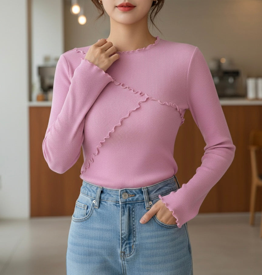 Pink Ribbed Long-Sleeve Top with Ruffle