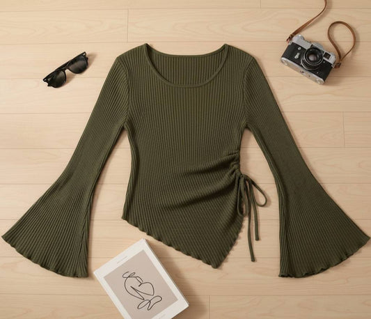 Olive Green Ribbed Knit Bell-Sleeve Top